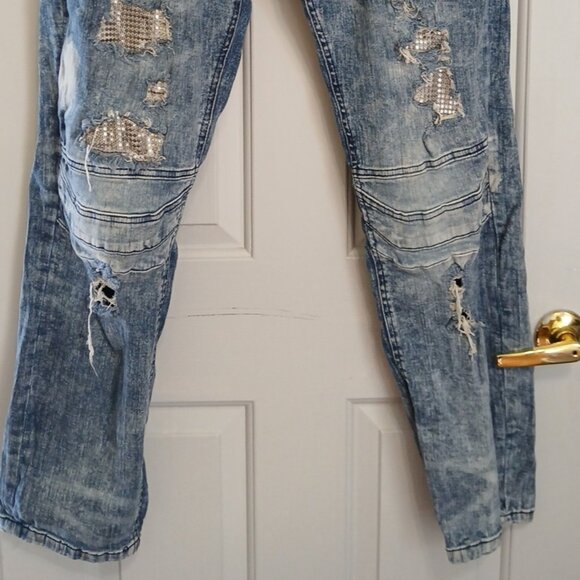 Encrypted Men's Distressed Sequin Y2K Streetwear Denim Jeans 42x34 1980 Vintage - Picture 2 of 14